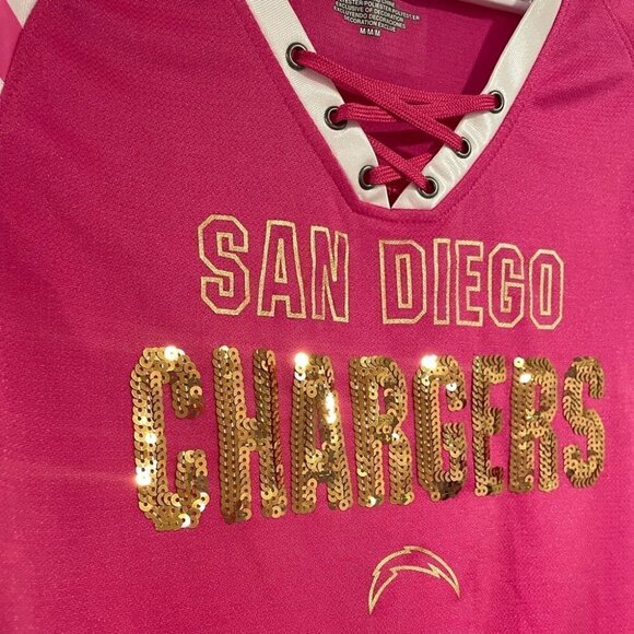 NWOT 🏈 Women’s San Diego CHARGERS Football Jersey Pink Gold Sequins Los Angeles - Picture 3 of 7